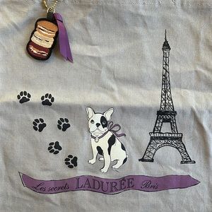 Laduree canvas tote bag french bulldog, eiffel tower and macaron bag charm